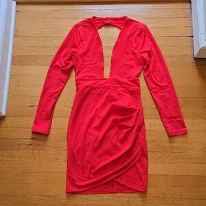 Red Long Sleeve Plunge Tulip Dress, EUC, Women's S